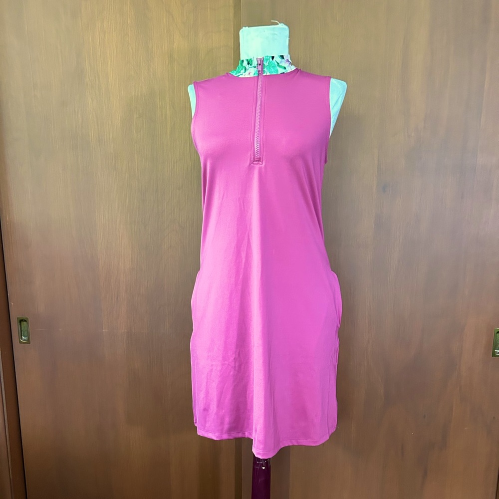 Tommy Bahama Pink Sleeveless Zip-Front Shift Dress with Green Print Trim